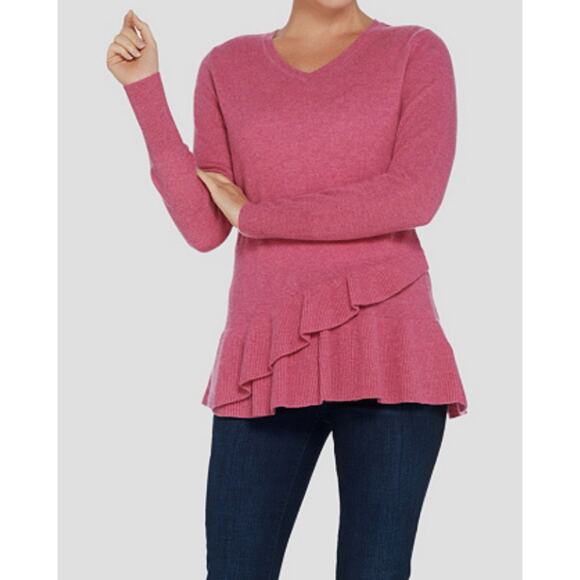 Isaac Mizrahi Cashmere V-Neck Ruffle Peplum Sweater Hthr Rose Soft Women's L - Picture 1 of 10